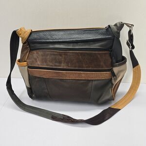 Vintage Genuine Leather Patchwork Crossbody Bag Brown Multi Pocket Mexico Boho